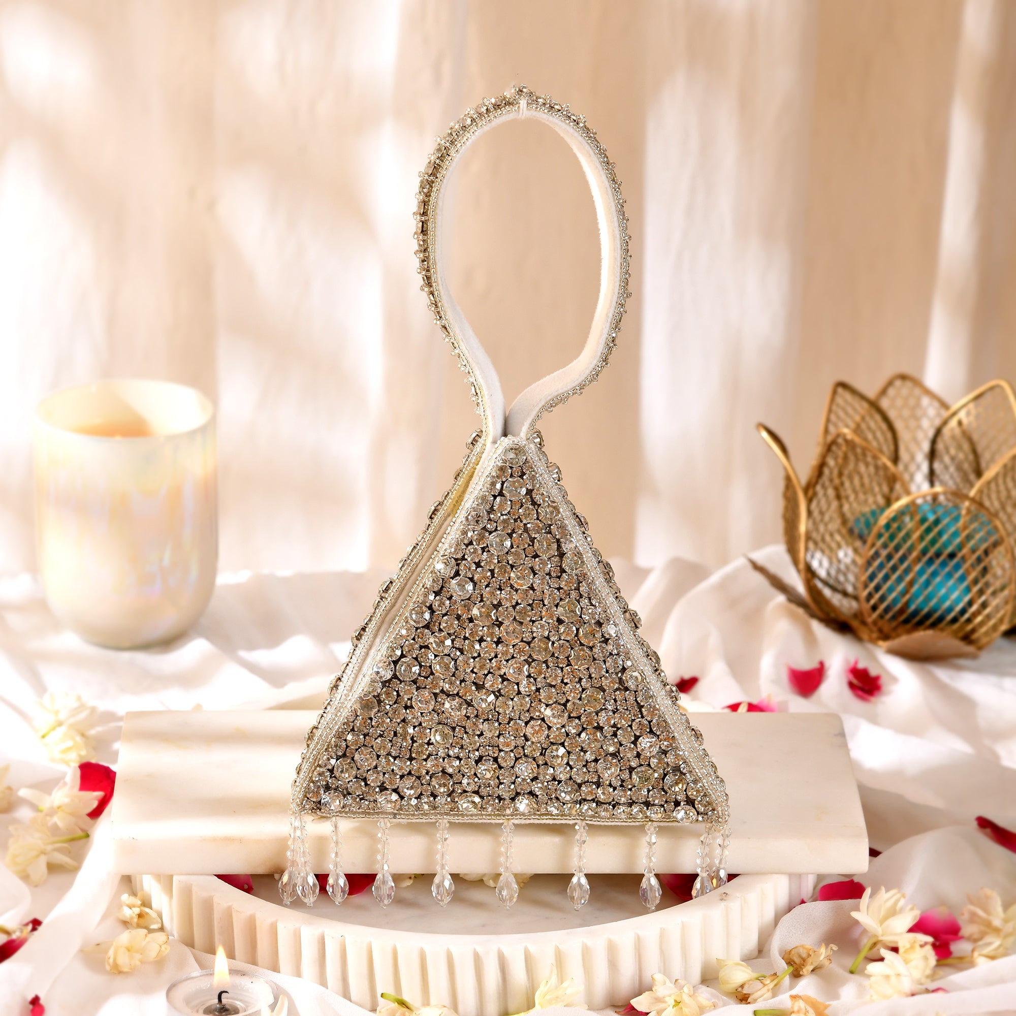 Glam Shine Trapezoid Shape Silver Clutch Bag for Weddings & Events (DZ18343)