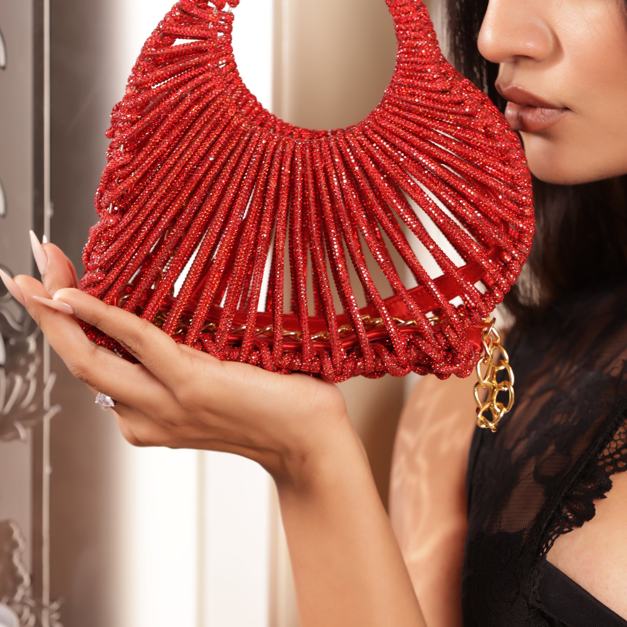 Handcrafted red rhinestone clutch for weddings, parties, and festive celebrations