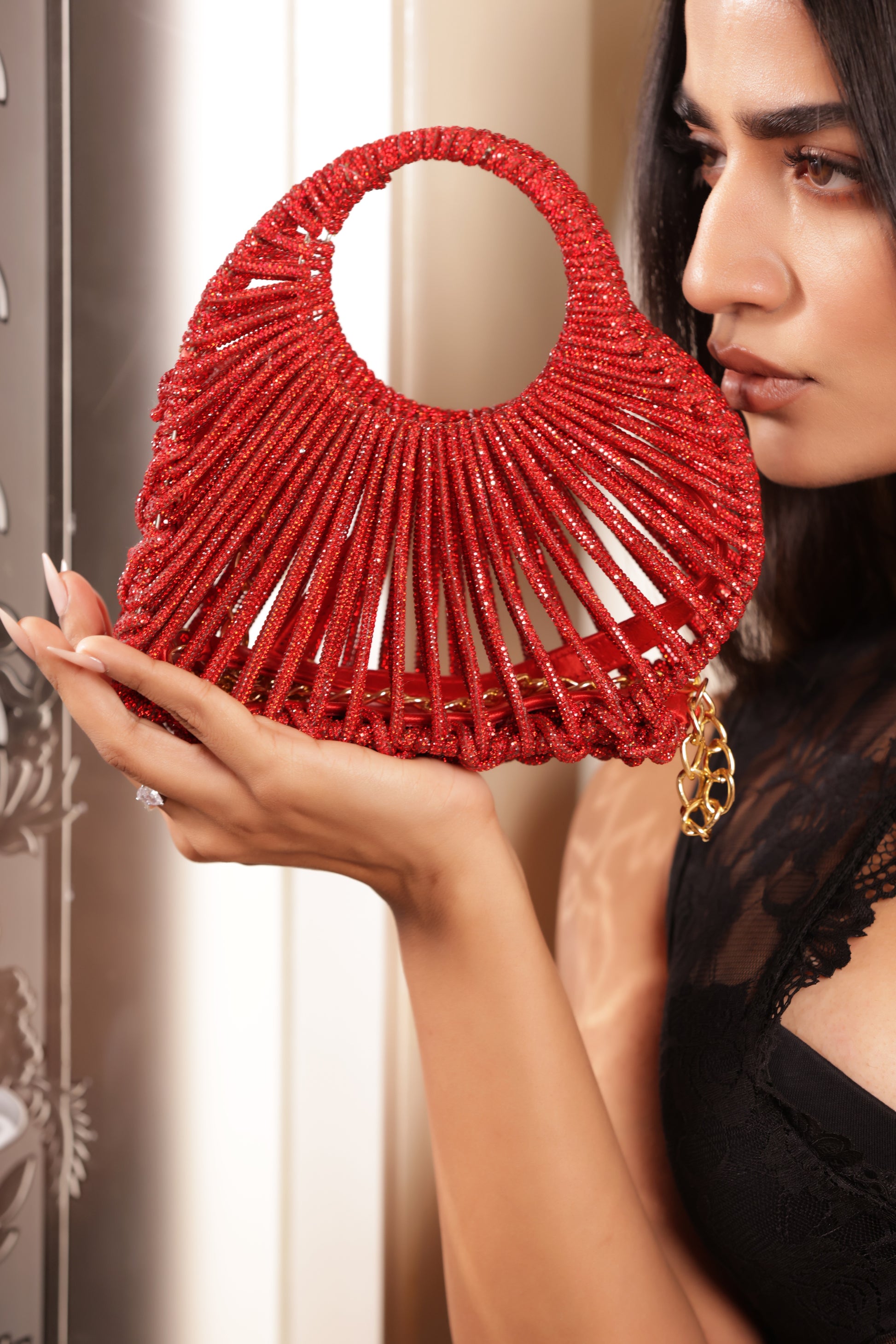 Handcrafted red rhinestone clutch for weddings, parties, and festive celebrations