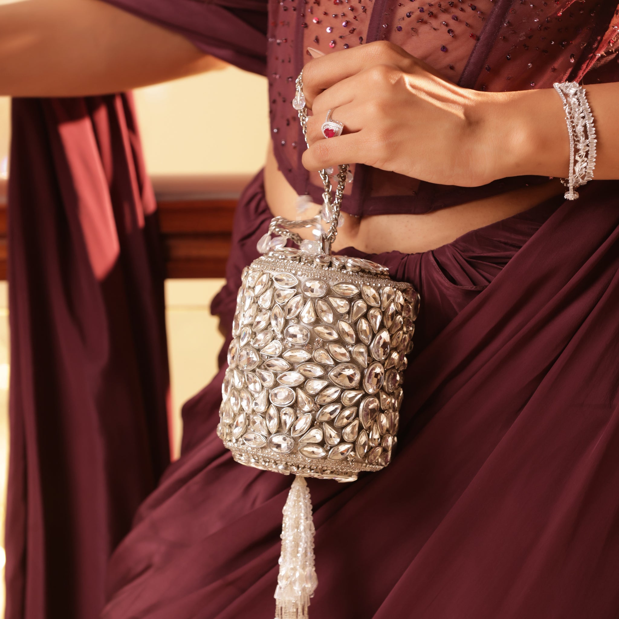 Luxury Kundan evening bag with delicate stonework and elegant finish