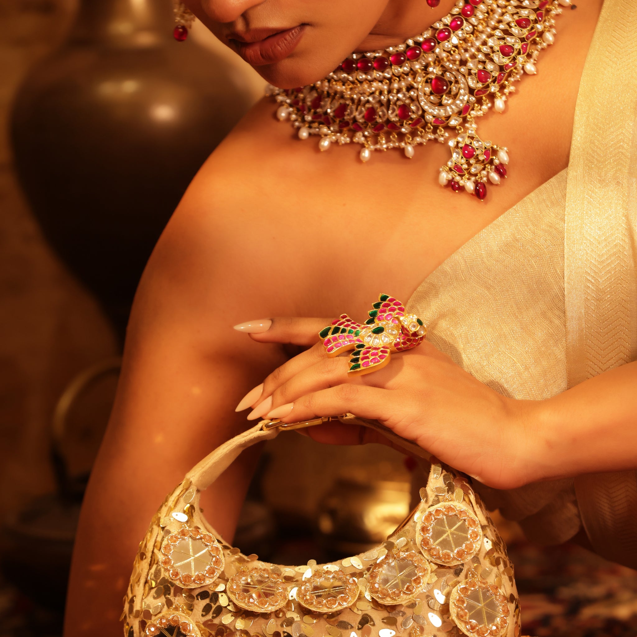 Handcrafted pearl crescent bag for weddings, sangeet, and festive celebrations