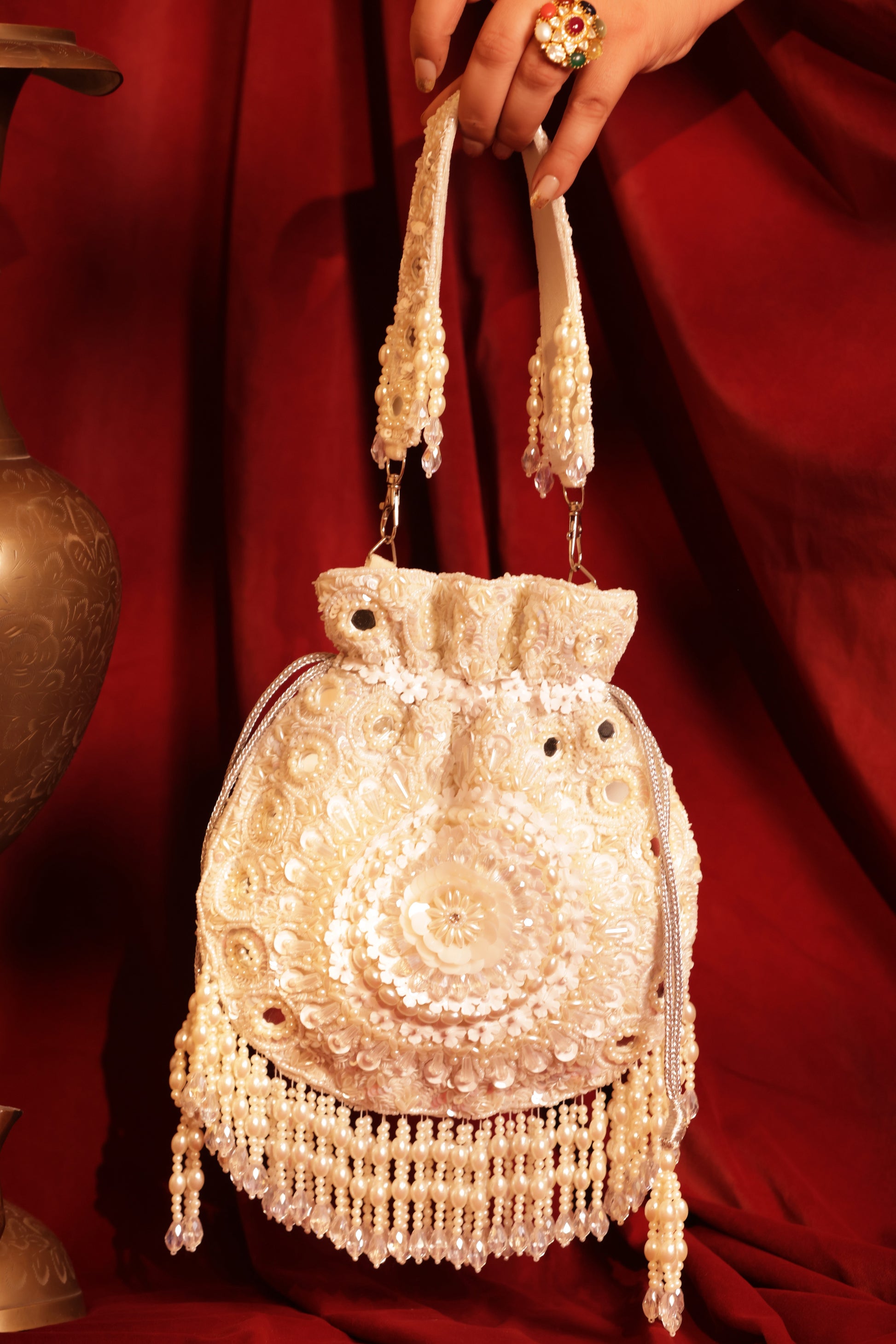 Noor E Gulzar Bridal Potli | White Suede Festive Clutch for Sarees & Lehengas