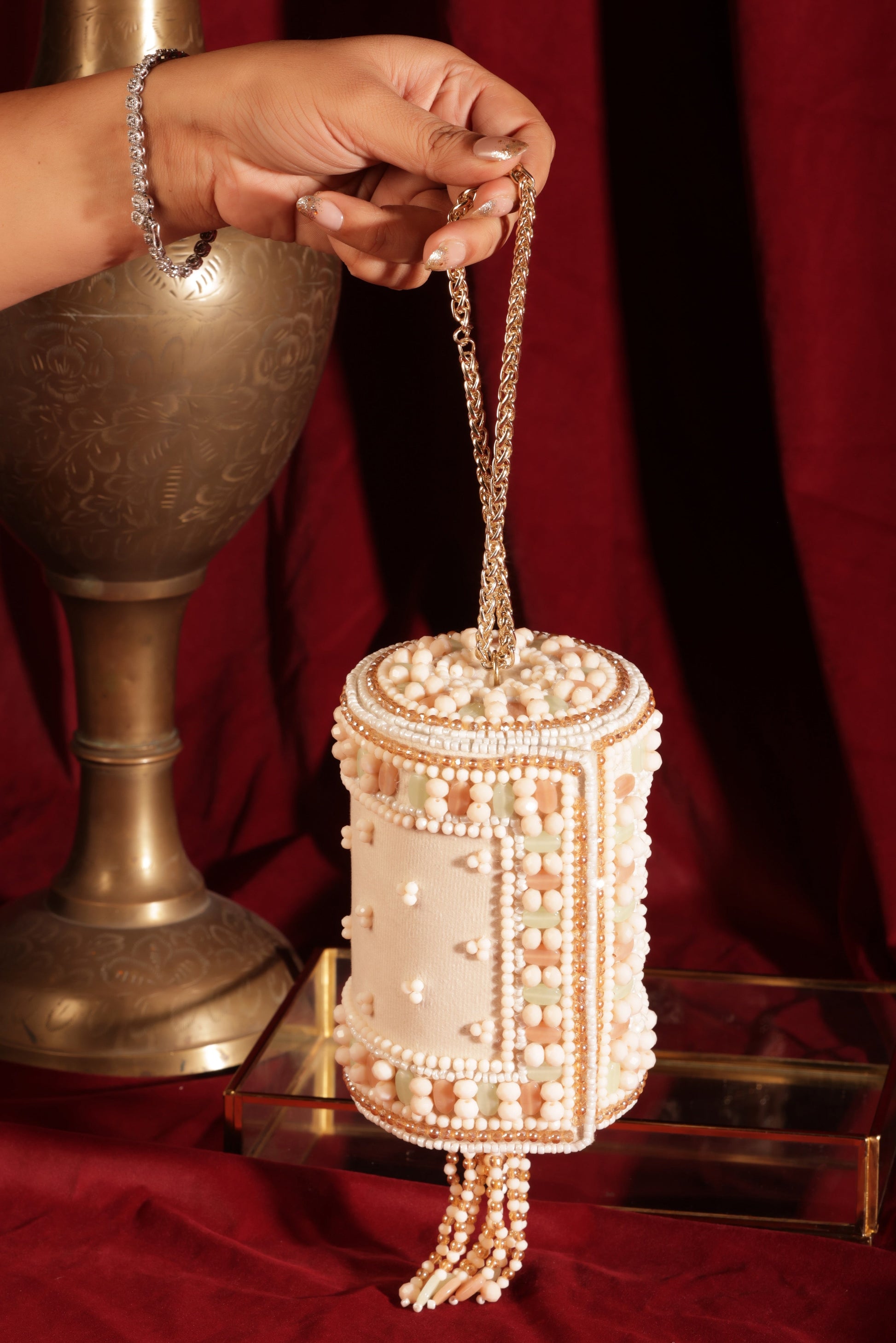 Pastel cylinder mini bag with soft hues, Mini Opal Barrel front view.