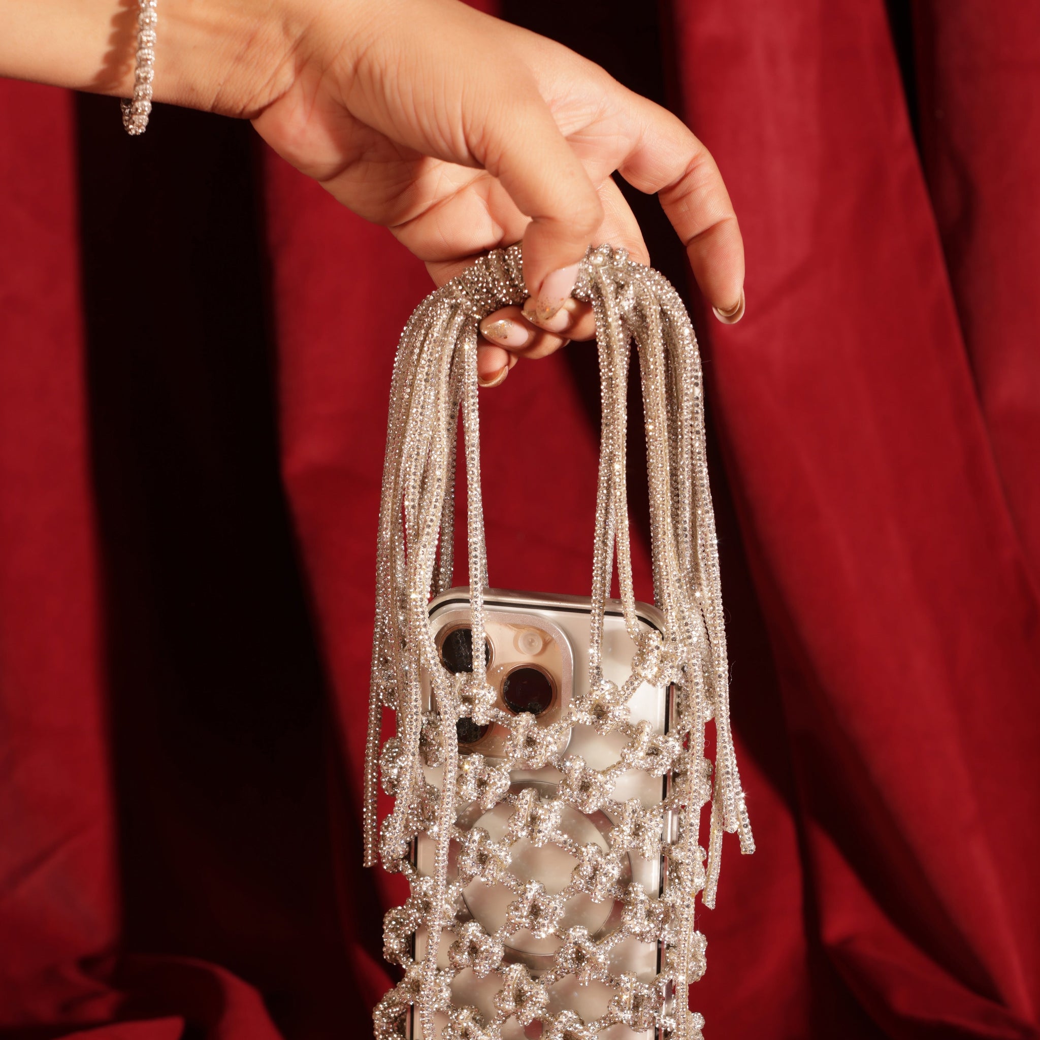 Silver phone sling bag with beaded net overlay, Bling Sling Silver front view.