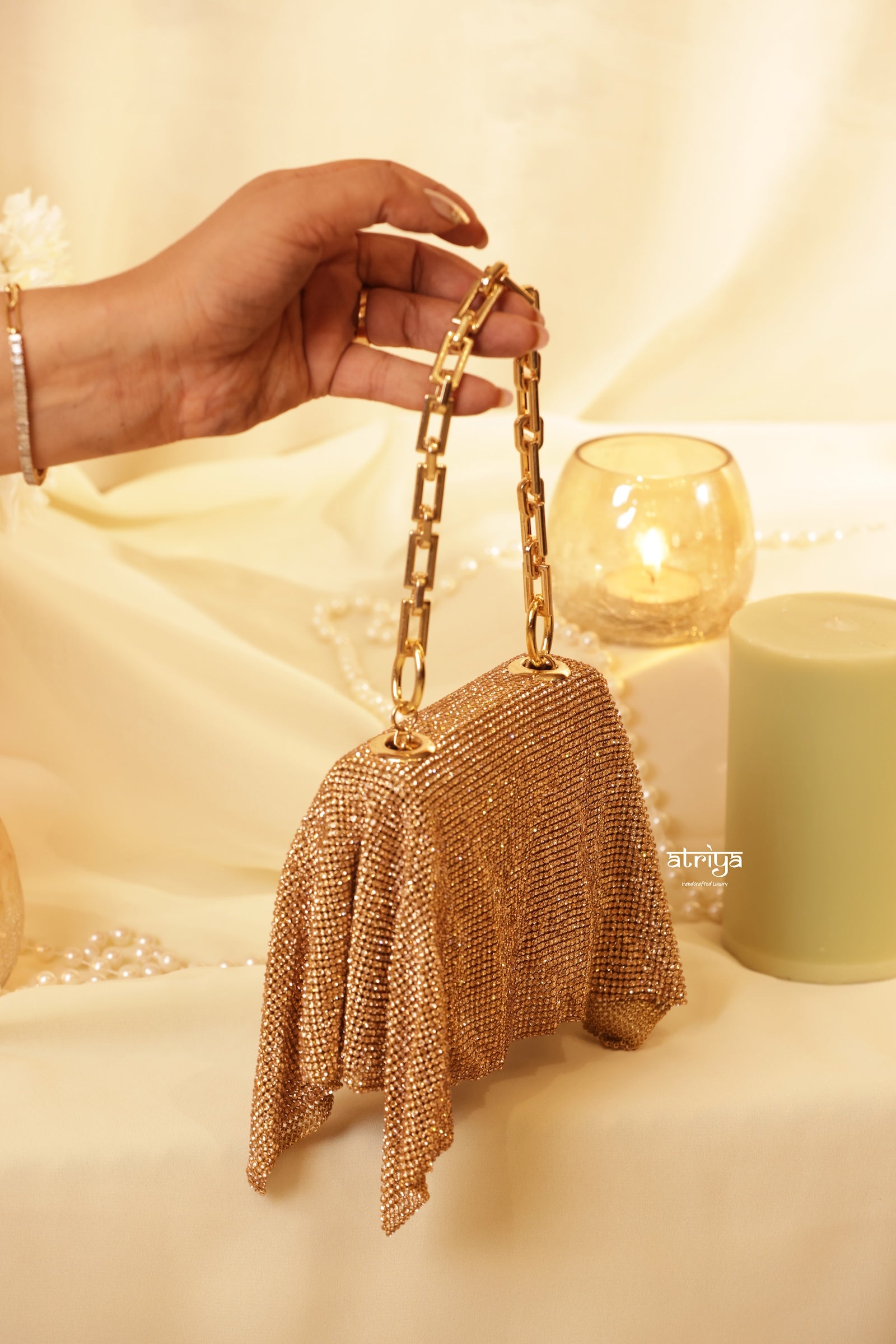 Rose gold crystal embellished evening clutch with gold chain handle — luxury handcrafted bag by Atriya