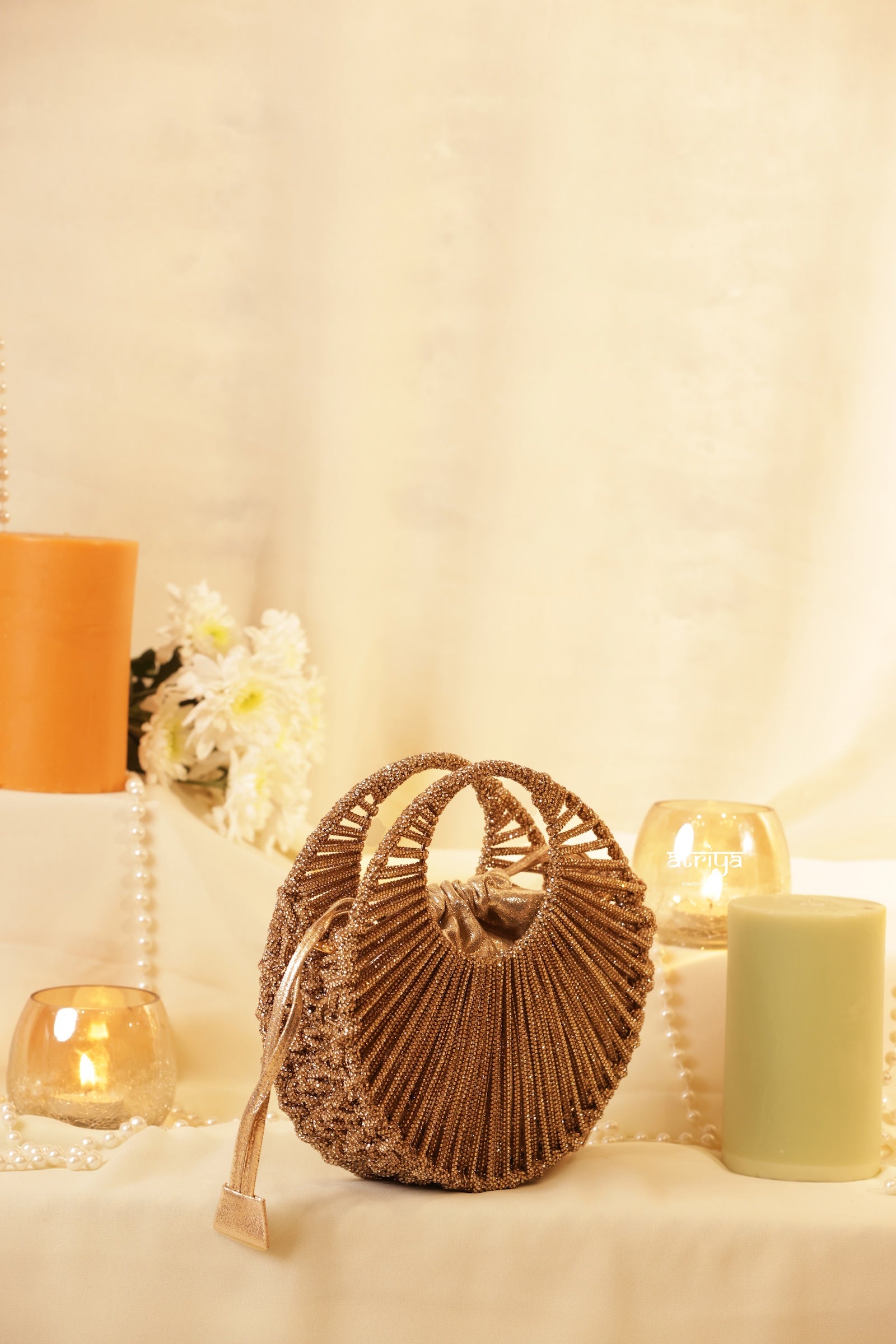 Stardust Gold Luxe round crystal bag for festive celebrations and wedding sangeet wear