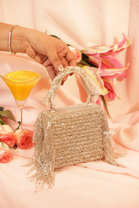 Atriya Jaipur Inayat handcrafted pure silver beaded clutch with structured crystal design