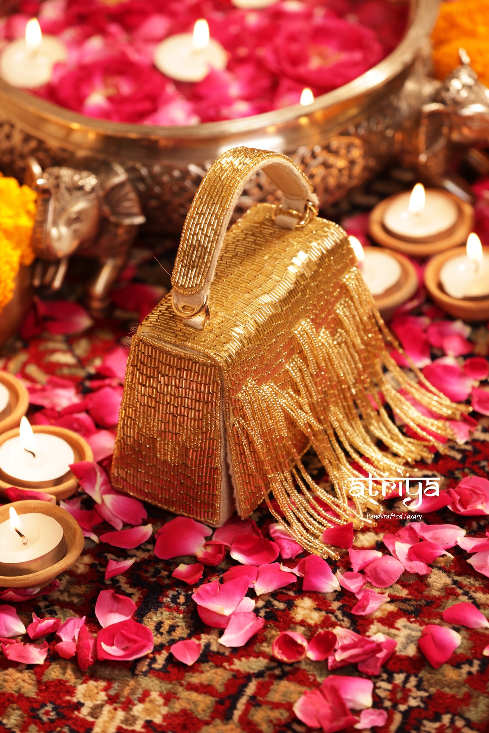 Atriya Tarana Gold handcrafted beaded trapezoid top-handle bag with cascading tassel fringe