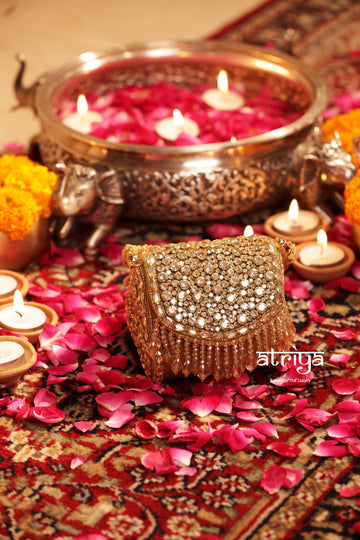 Atriya Goldette handcrafted gold kundan and crystal embellished evening box clutch