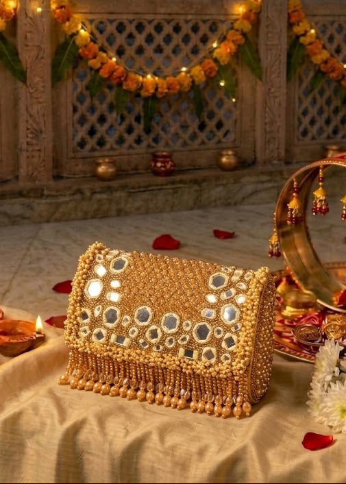 Traditional gold mirror clutch styled with Karwa Chauth and Diwali festive celebration decor