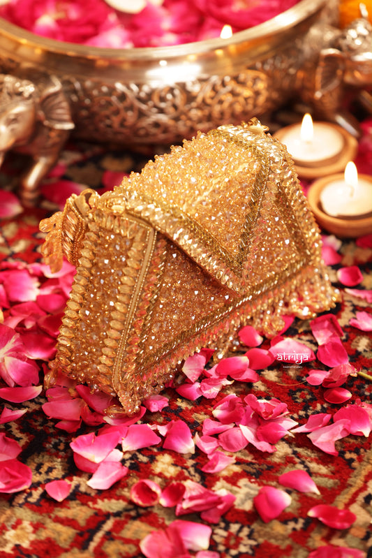 Handcrafted crystal clutch, beaded clutch bag, embellished evening bag, bridal clutch, wedding clutch, festive handbag, luxury party bag, Indian handcrafted bag, premium crystal purse, Atriya Jaipur, designer clutch, ethnic party bag.