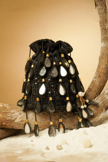 Majestic Mirror Black potli bag with golden hues and mirror embellishments