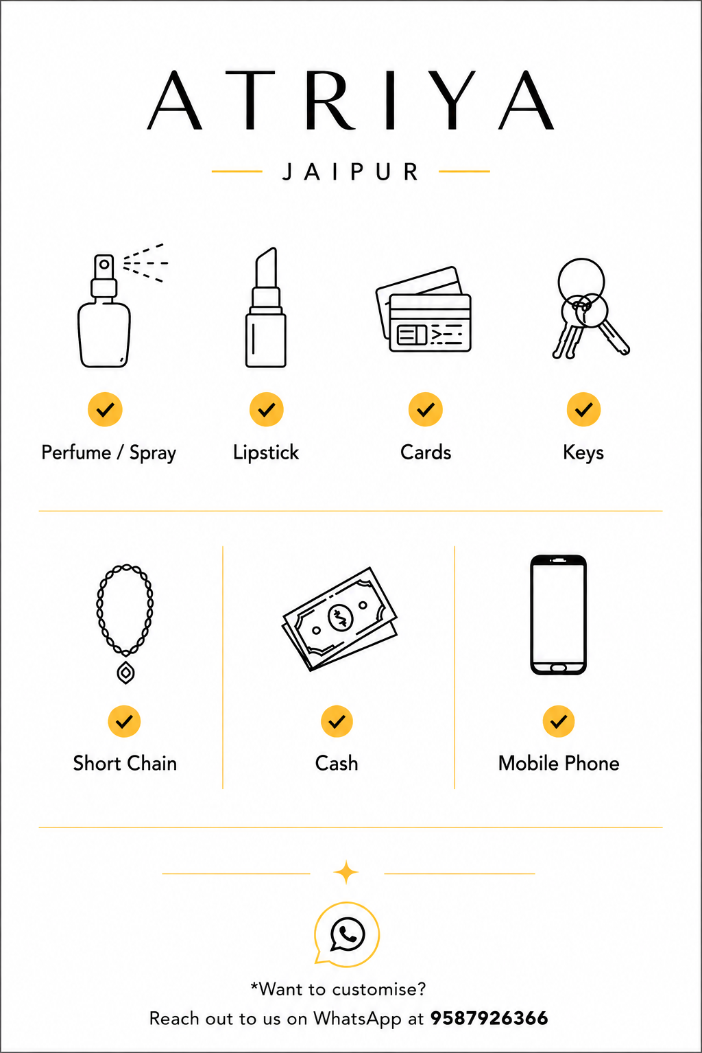 A digital graphic banner for ATRIYA JAIPUR, featuring black and yellow line icons representing various items such as perfume, lipstick, cards, keys, short chain, cash, and a mobile phone, with WhatsApp contact information at the bottom.
