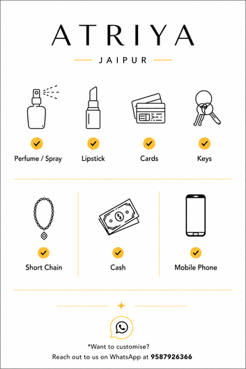 A digital graphic banner for ATRIYA JAIPUR, featuring black and yellow line icons representing various items such as perfume, lipstick, cards, keys, short chain, cash, and a mobile phone, with WhatsApp contact information at the bottom.