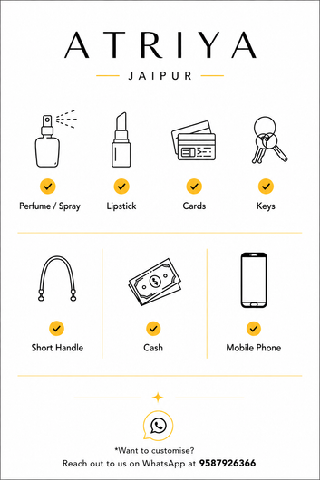 A digital graphic template for a custom nameplate or engraving service by ATRIYA JAIPUR. The design features a clean white background with black text and minimalist black line icons representing various personal items (perfume spray, lipstick, cards, keys, short handle, cash, mobile phone) with yellow checkmarks, indicating customization options.