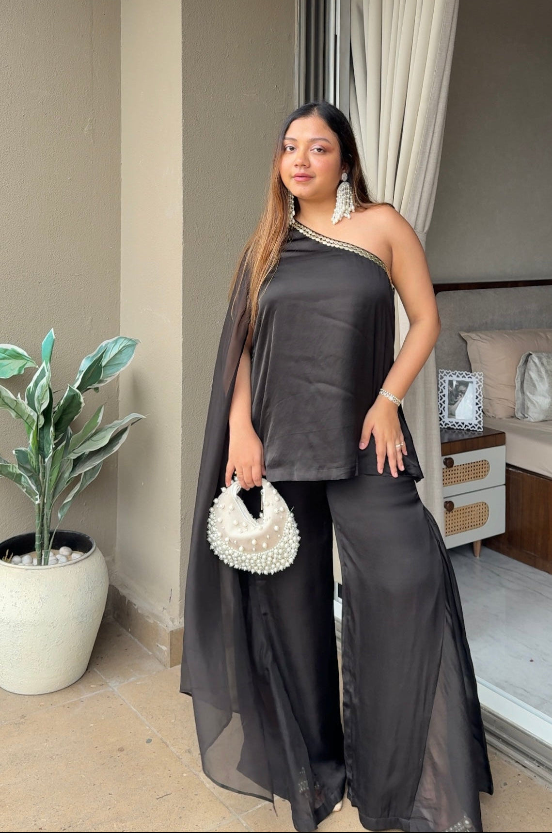 Pearl Crescent ivory suede bag with hand-sewn pearls