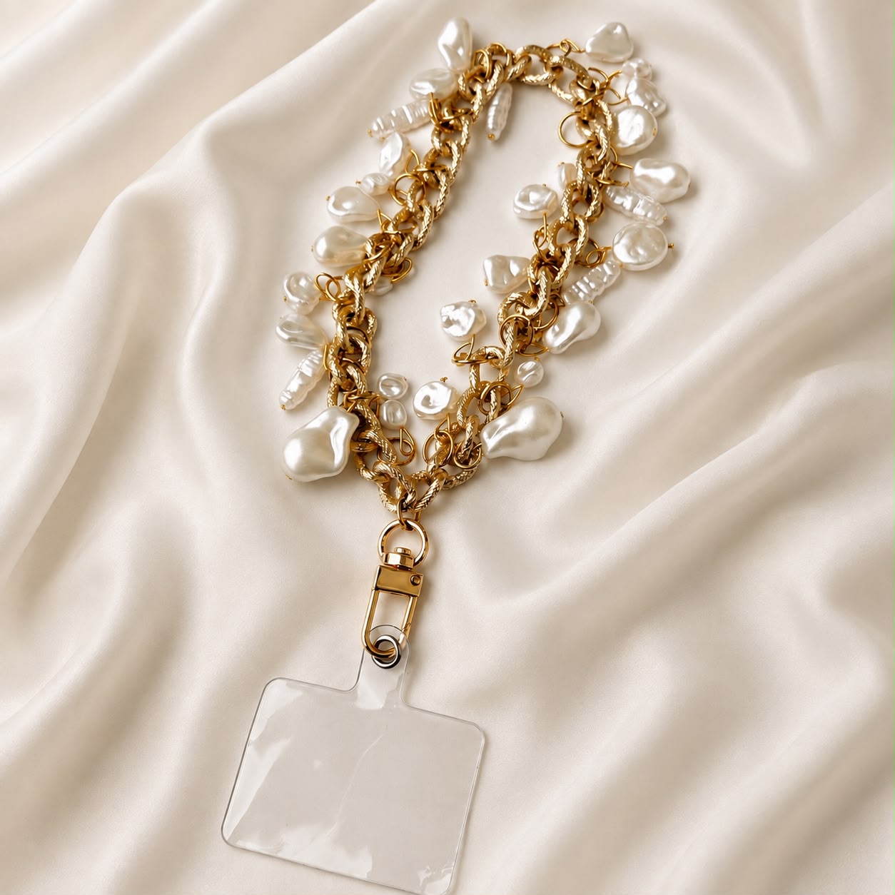 Atriya Noor handcrafted baroque pearl and gold link chain phone charm strap with clear connector tab